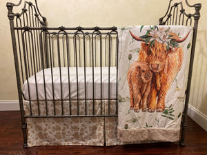 Baby Bedding Set- Highland Cow Green and Tan