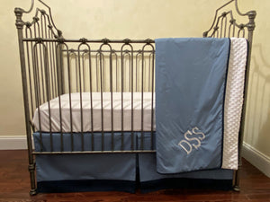 Denim Blue and Navy Baby Boy Crib Bedding Set, Crib Rail Cover, Crib Skirt, Baby Blanket