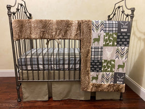 Baby Boy Deer Crib Bedding, Woodland Nursery, Little Man Buck in Blue, Gray, and Green