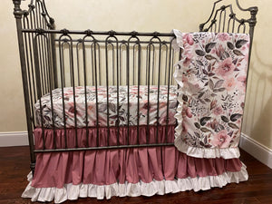 Baby Girl Floral Crib Bedding Set, Girl Baby Bedding, Rose Pink, Mauve Baby Bedding, Dusty Rose with White Crib Skirt, Floral Crib Sheet