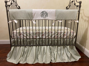 Sage Gingham Crib Bedding, Nursery Rhyme Toile Baby Bedding, Boy Baby Bedding, Girl Crib Bedding