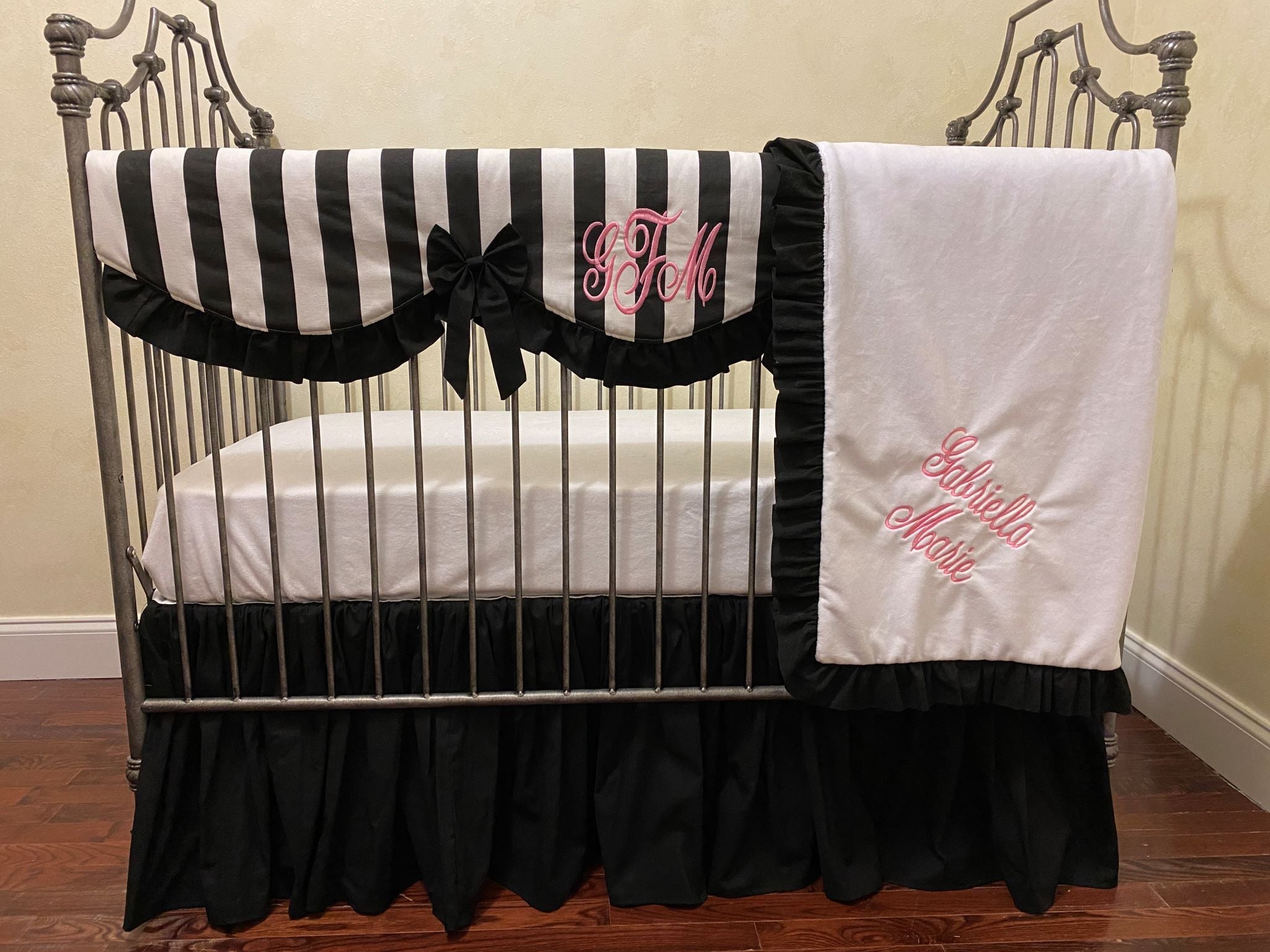 Black and White Baby Girl Crib Bedding, Girl Baby Bedding, Crib Rail Cover