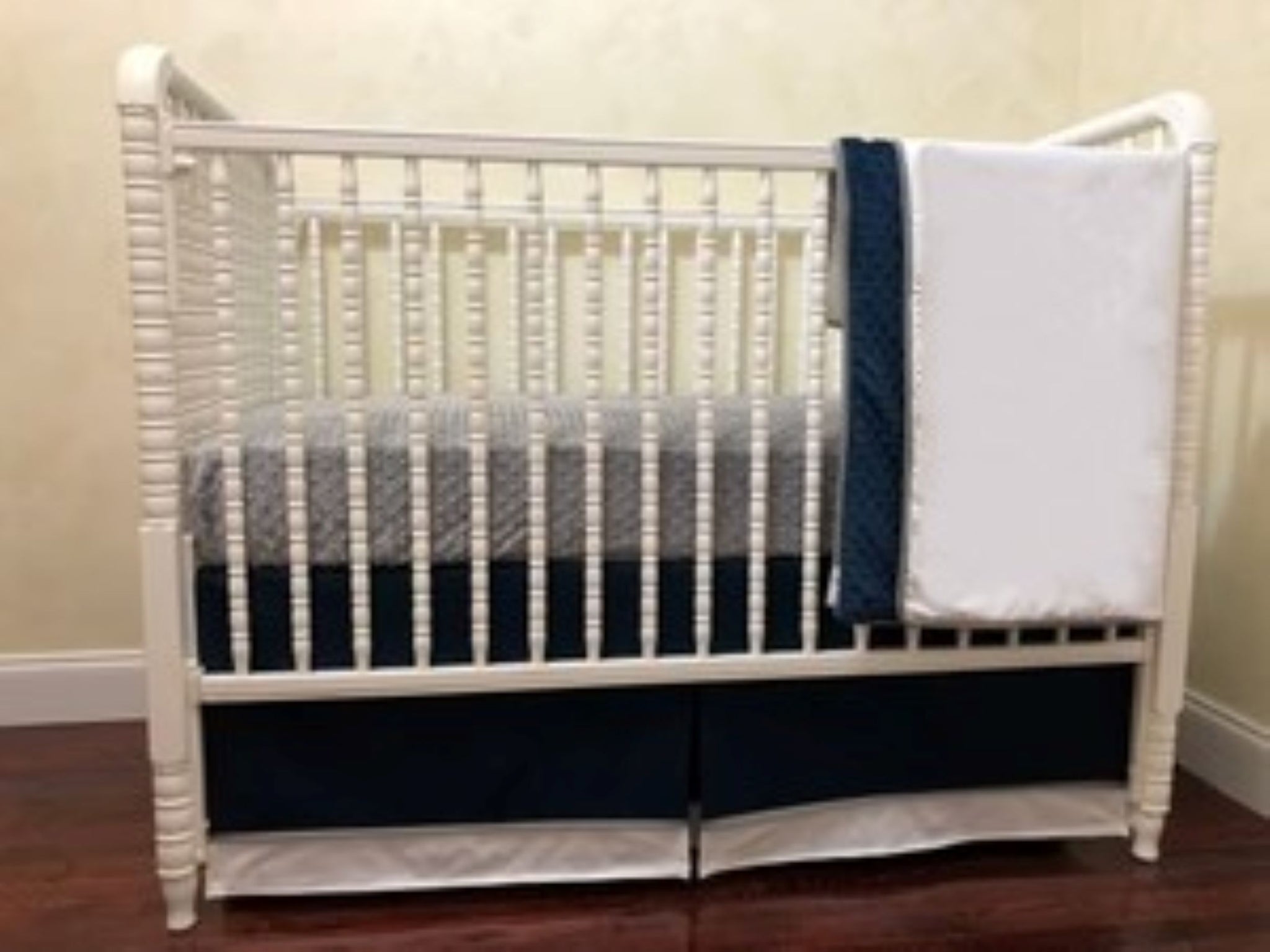 White, Navy Blue, and Gray Baby Boy Crib Bedding, Crib Rail Cover