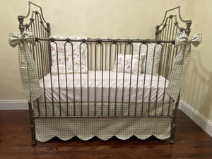 Nursery Rhyme Toile Crib Bedding, Scalloped Crib Skirt, Sage Green Gingham, Boy Baby Bedding, Girl Crib Bedding