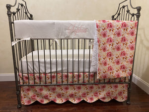 Baby Girl Floral Roses Crib Bedding, Girl Baby Bedding in Pink and Hot Pink