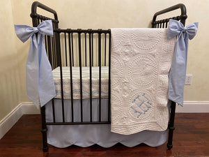 MINI CRIB Bedding - Light Pale Blue with Andrew Stripe Mini Crib Baby Bedding, Mini Crib Skirt, Personalized Baby Blanket