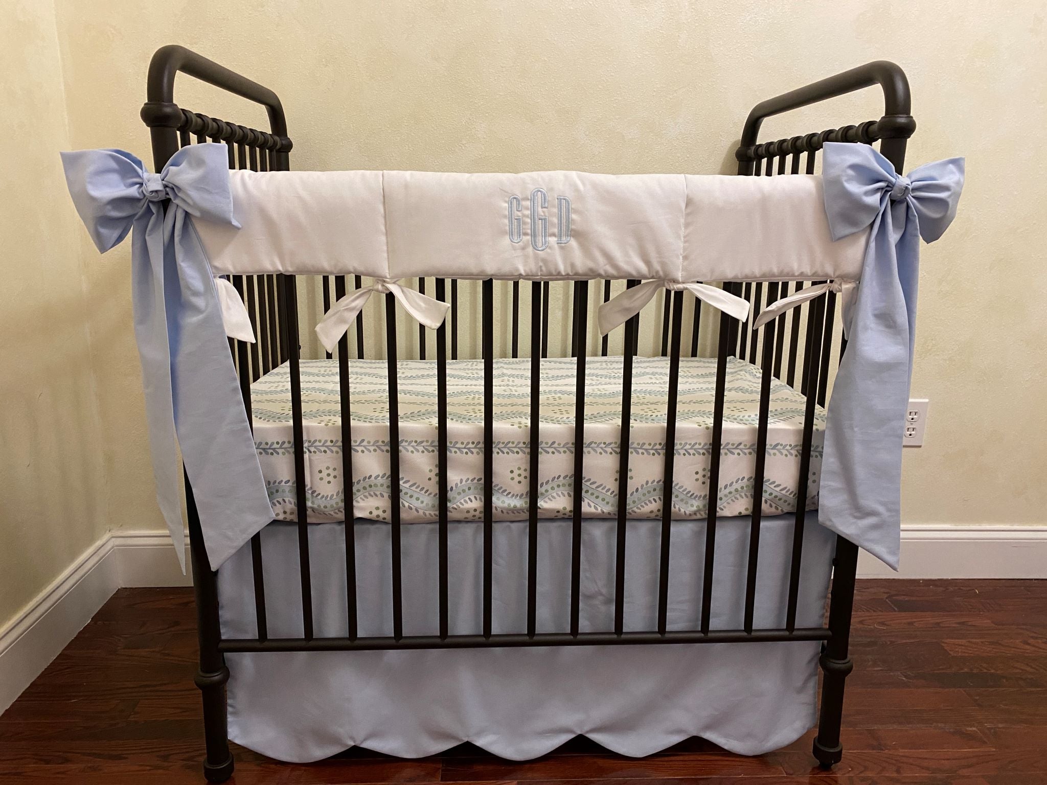 Light Pale Blue and White Mini Crib Baby Bedding, Mini Crib Skirt, Personalized Baby Blanket