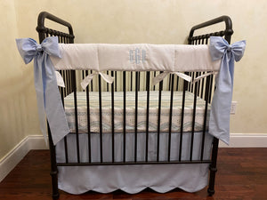 MINI CRIB Bedding - Light Pale Blue with Andrew Stripe Mini Crib Baby Bedding, Mini Crib Skirt, Personalized Baby Blanket
