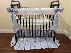 Toile MINI CRIB Bedding - Blue Toile Mini Crib Baby Bedding, Mini Crib Skirt, Baby Boy, Baby Girl Mini Crib Bedding