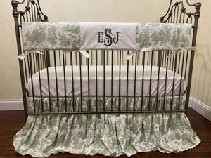 Green Toile Crib Bedding, Boy Baby Bedding, Girl Baby Bedding