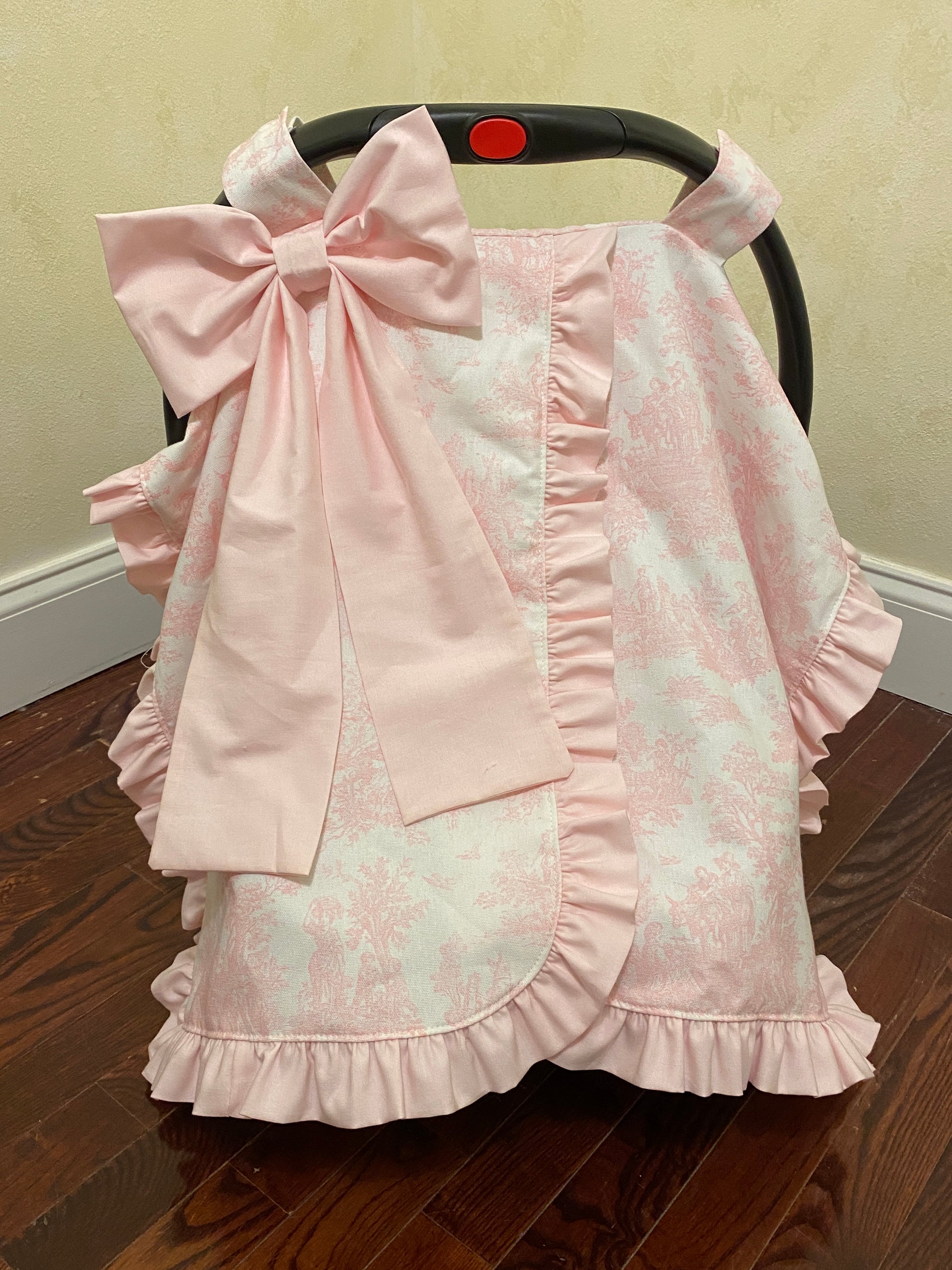 Car Seat Canopy - Pink Toile with Pale Pink Ruffle and Bow