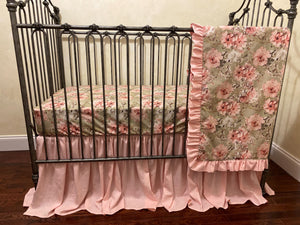 Baby Girl Vintage Floral Crib Bedding Set, Girl Baby Bedding, Vintage Pink Roses, Blush Linen Crib Skirt, Vintage Floral Crib Sheet - Girl Baby Bedding, Crib Rail Cover Set