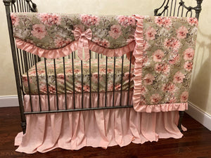 Baby Girl Vintage Floral Crib Bedding Set, Girl Baby Bedding, Vintage Pink Roses, Blush Linen Crib Skirt, Vintage Floral Crib Sheet - Girl Baby Bedding, Crib Rail Cover Set