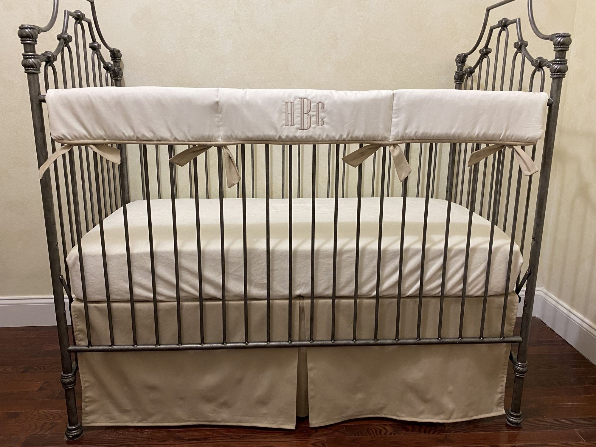 Ivory and Khaki Crib Bedding, Neutral Baby Bedding, Crib Rail Cover, Tailored Crib Skirt