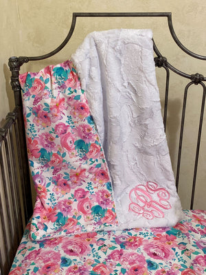 Mermaid Floral Crib Sheet & Blanket Set - Crib Bedding, Baby Girl Crib Sheet, Baby Blanket, Bright Pink Floral Crib Bedding , Personalized Blanket