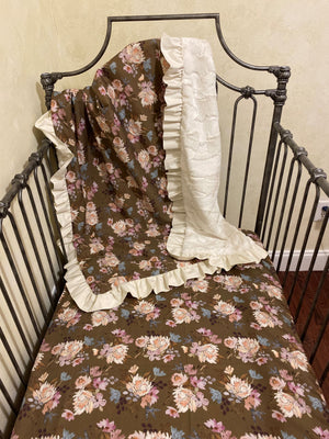 Vintage Floral Olive Green with Lace Crib Bedding, Girl Crib Bedding, Floral Baby Bedding