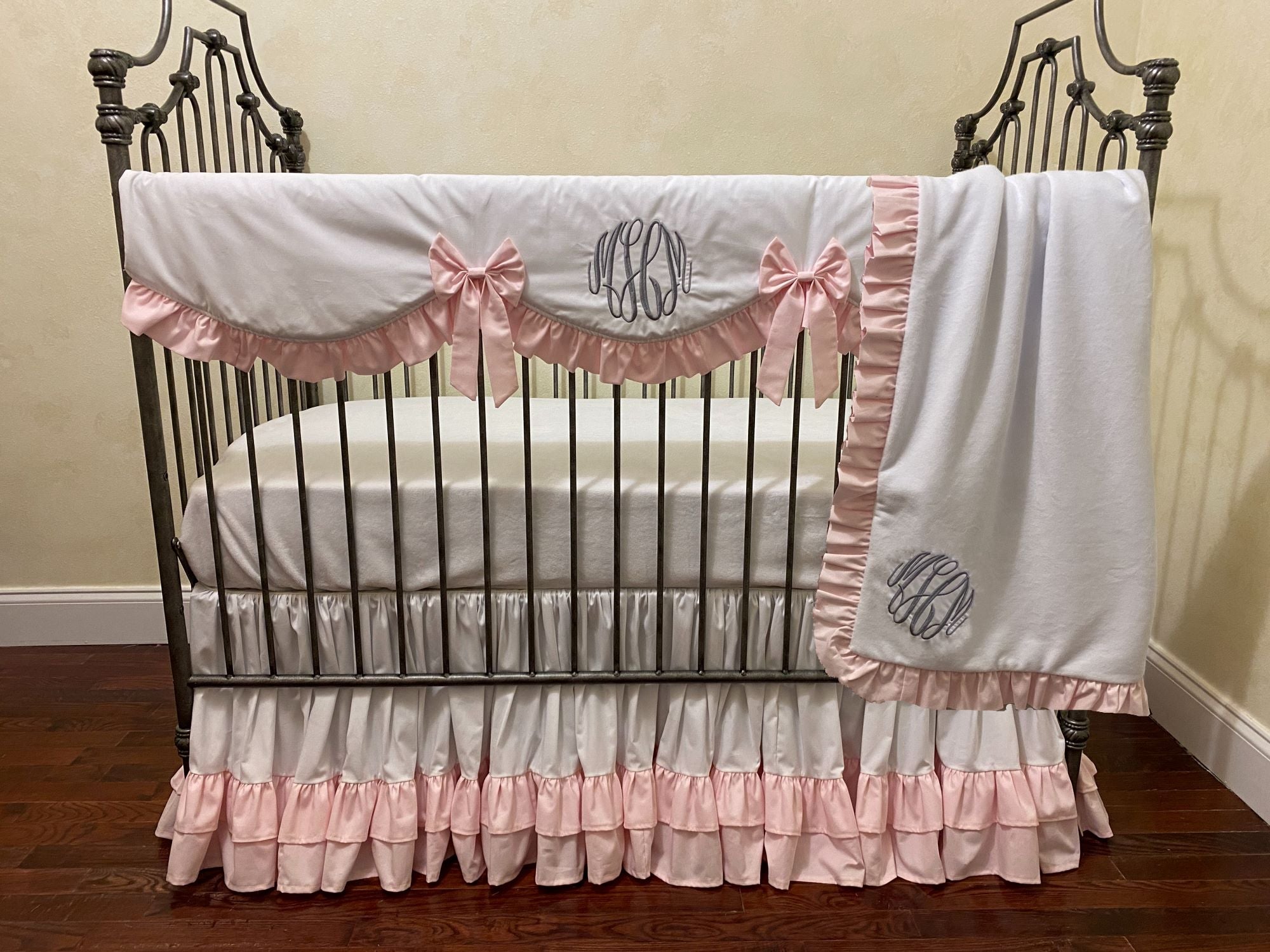 White and Pale Pink Baby Girl Crib Bedding, Crib Rail Cover, Gathered Ruffled Crib Skirt