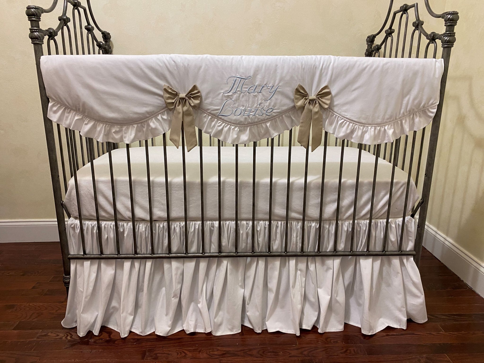 White with Tan and Light Blue Neutral Crib Bedding, Baby Boy, Baby Girl Crib Bedding, Scalloped Rail Cover, Gathered Cotton Crib Skirt