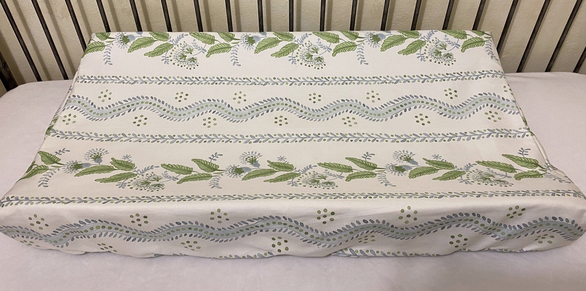 Changing Pad Cover - Blue & Green Floral Stripes & Vines