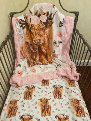 Crib Sheet & Blanket Set- Baby Girl Crib Bedding, Highland Cow Crib Sheet and Blanket Set, Girl Toddler Bedding, Pink Highland Cow Bedding