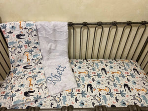 Crib Sheet & Blanket Set - Crib Bedding, Baby Boy Crib Sheet, Baby Blanket, Baby Safari Animals Crib Bedding , Personalized Blanket