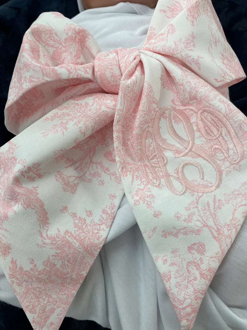 Personalized Toile Baby Swaddle Bow Sash, Pink Toile, Blue Toile, Choose Your Color