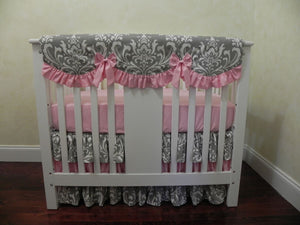 Gray and Pink Mini Crib Bedding Set - Girl Mini Crib Baby Bedding