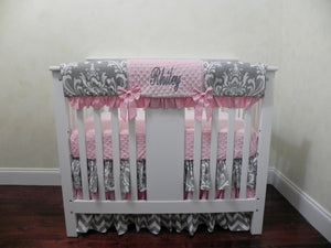 Gray and Pink Mini Crib Bedding Set - Girl Mini Crib Baby Bedding