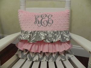 Light Pink and Gray Damask Ruffled Specialty Pillow