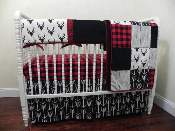 Baby Boy Woodland Deer with Plaid Crib Bedding, Black Buck, Red Plaid