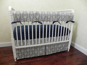 Gray Arrow Baby Bedding Set - Gray Arrows with Navy Blue, Boy Crib Bedding, Crib Rail Cover Set