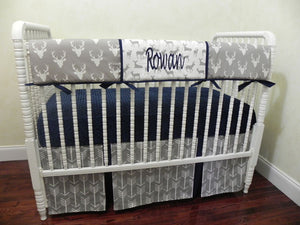 Gray Deer Baby Boy Bedding Set Rowan - Gray Deer with Navy, Boy Crib Bedding, Crib Rail Cover Set