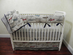 Airplane Crib Bedding Set Evan- Boy Baby Bedding, Vintage Airplane Bedding in Gray and Navy