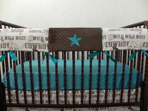 Cowboy Baby Bedding Set Brett - Western Crib Bedding in Brown and Teal, Boy Baby Bedding, Crib Rail Cover