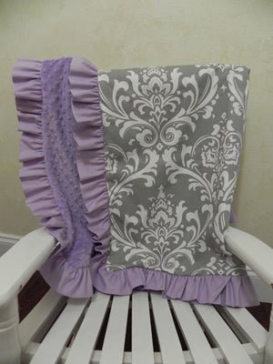 Gray Damask and Lavender Girl Baby Bedding Set - Girl Crib Bedding, Crib Rail Cover with Ruffled Skirt
