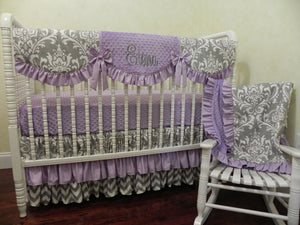 Gray Damask and Lavender Girl Baby Bedding Set - Girl Crib Bedding, Crib Rail Cover with Ruffled Skirt