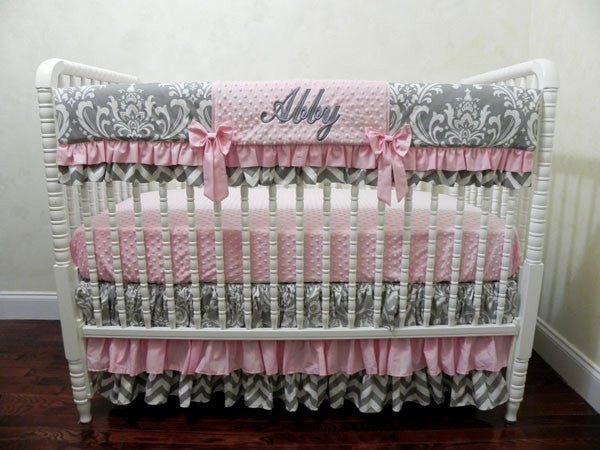 Gray and Pink Girl Crib Bedding - Girl Baby Bedding, Crib Rail Cover, Tiered Ruffle Crib Skirt