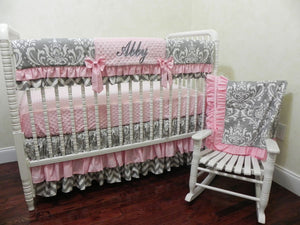 Gray and Pink Girl Crib Bedding Set Abby Elisabeth - Girl Baby Bedding, Crib Rail Cover Set
