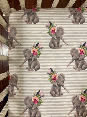 Boho Floral Elephant Mini Crib Bedding Set - Girl Baby Bedding, Girl Mini Crib Bedding