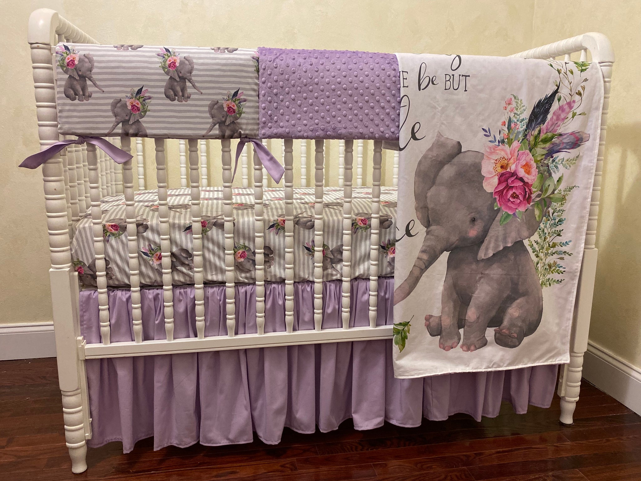 Baby Girl Boho Floral Elephant Crib Bedding- Lavender and Gray Elephant Baby Girl Bedding