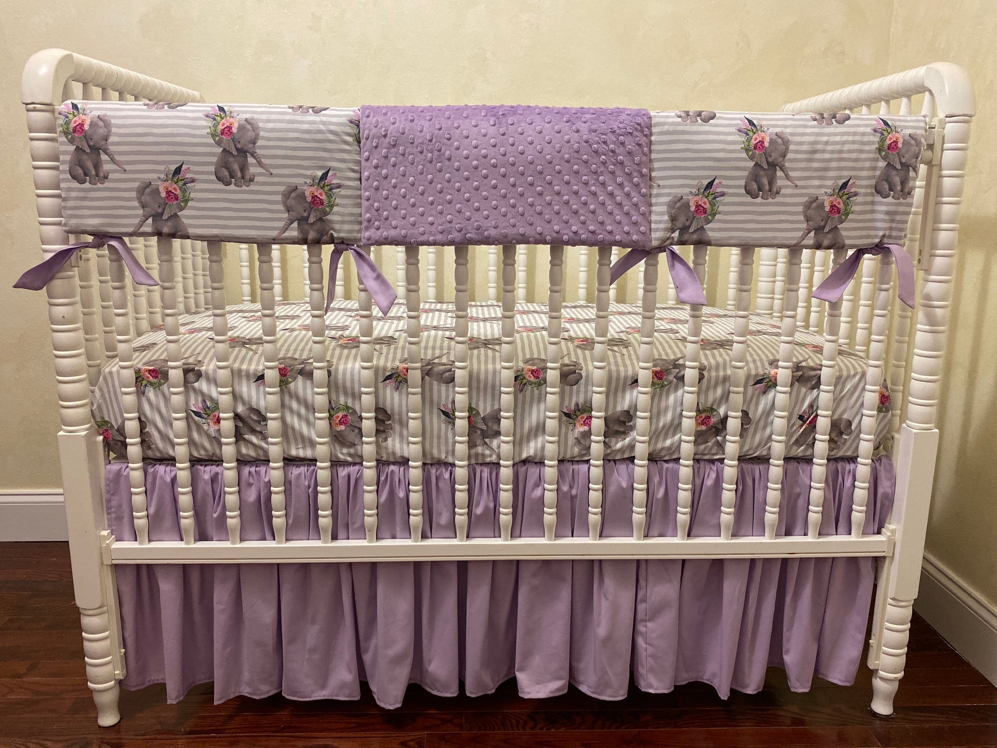 Baby Girl Boho Floral Elephant Crib Bedding- Lavender and Gray Elephant Baby Girl Bedding