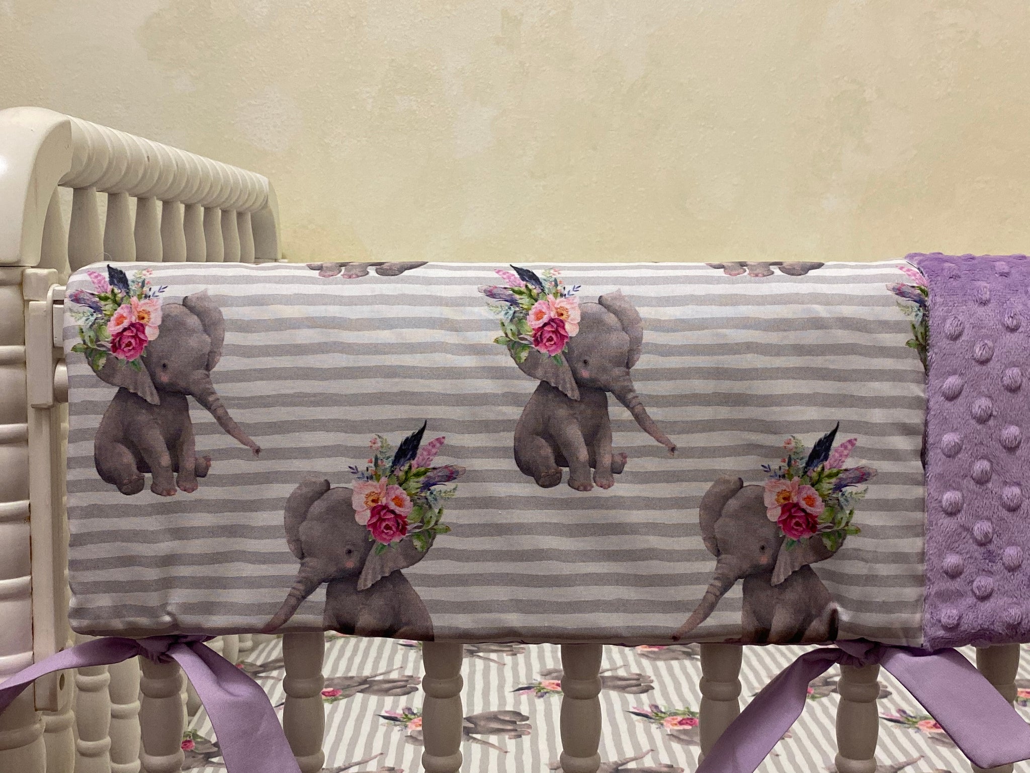 Baby Girl Boho Floral Elephant Crib Bedding- Lavender and Gray Elephant Baby Girl Bedding