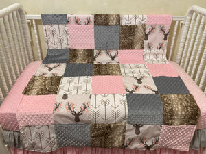 Girl Woodland Crib Bedding, Girl Deer Baby Bedding, Pink, Gray, and Khaki Woodland Baby Bedding