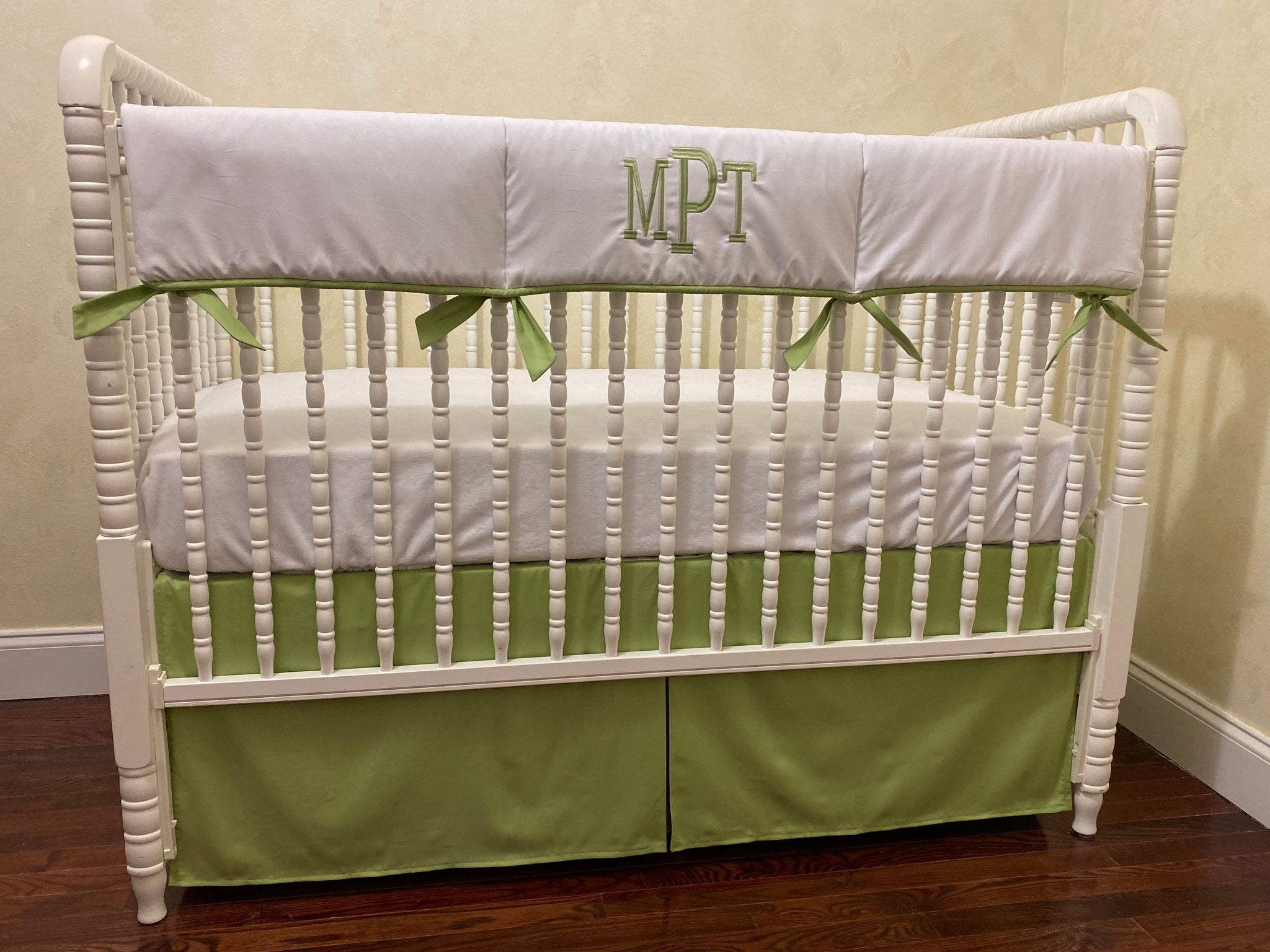 White and Green Baby Boy Bedding - Boy Crib Bedding, Green Crib Bedding, Crib Rail Cover