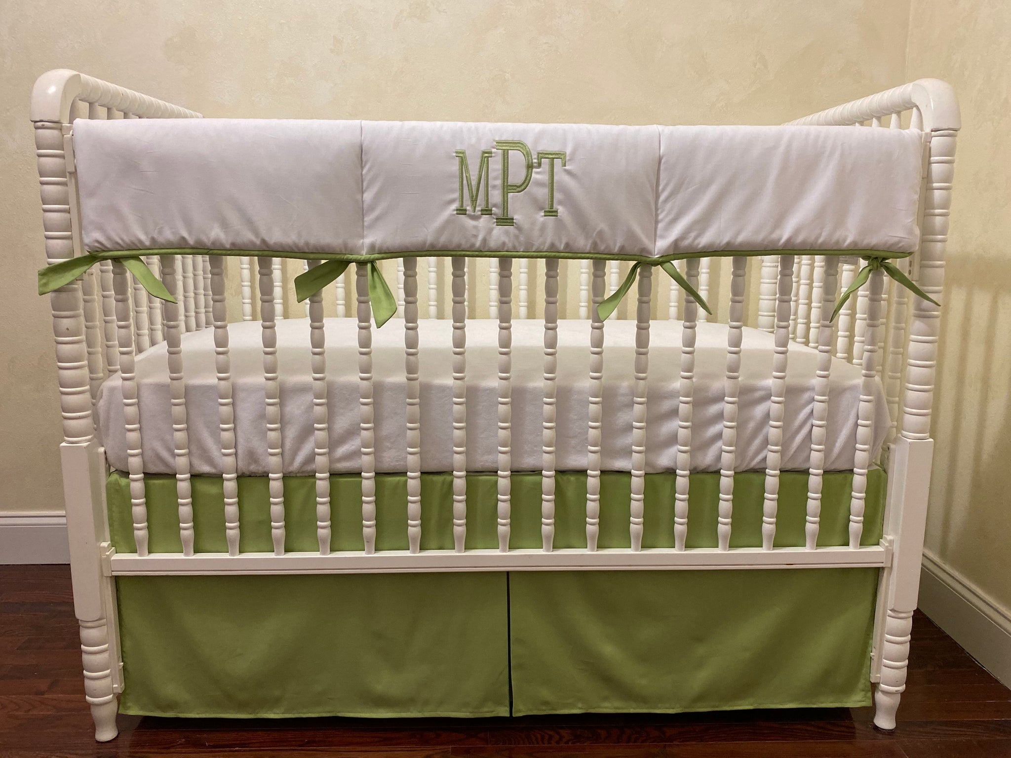 White and Green Baby Boy Bedding - Boy Crib Bedding, Green Crib Bedding, Crib Rail Cover