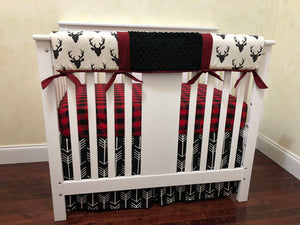 Black Buck and Red Plaid Mini Crib Bedding Set - Boy Baby Bedding, Woodland Mini Crib Bedding