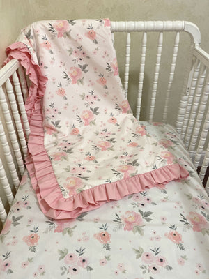 Pink Blush Roses Girl Crib Bedding Set - Girl Baby Bedding, Crib Rail Cover Set
