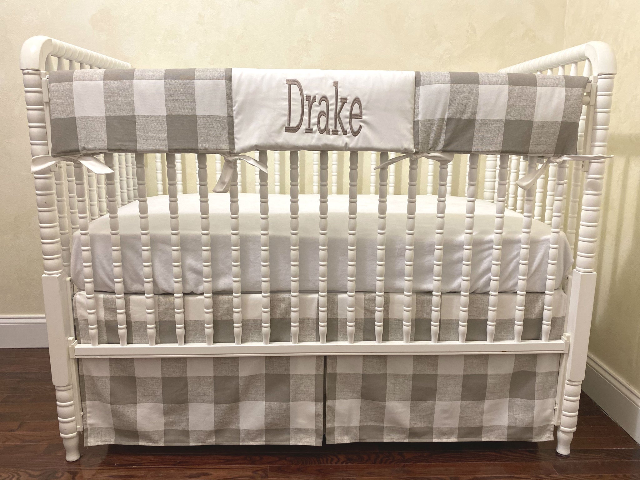 Taupe/Khaki Buffalo Plaid Baby Bedding - Buffalo Plaid Crib Bedding , Boy Crib Bedding, Crib Rail Cover