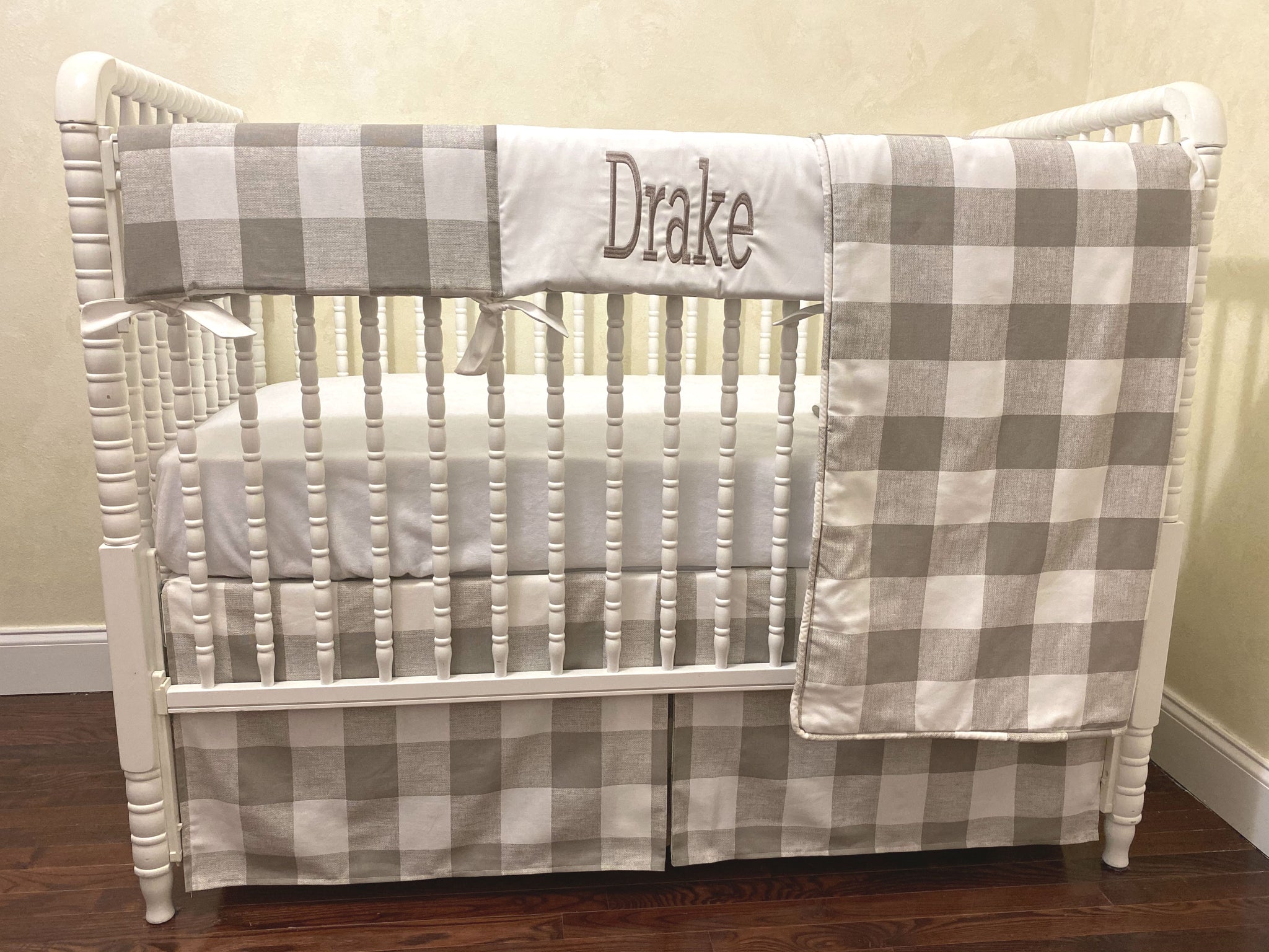 Taupe/Khaki Buffalo Plaid Baby Bedding - Buffalo Plaid Crib Bedding , Boy Crib Bedding, Crib Rail Cover