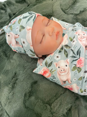 Floral and Pigs Swaddle Blanket and Knot Hat Set, Headband Bow
